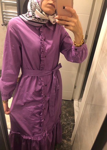 Diğer Mor Uzun Kollu Fırfırlı Bohem Elbise
