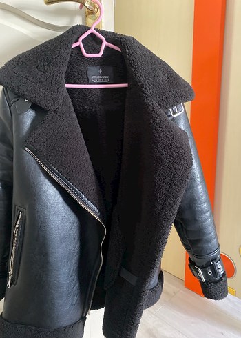 Kürk Detaylı Siyah Deri Kadın Biker Ceket