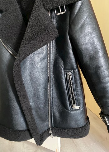xs Beden siyah Renk Kürk Detaylı Siyah Deri Kadın Biker Ceket