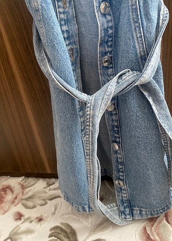 s Beden mavi Renk Mavi Kısa Kollu Düğmeli Denim Mini Elbise