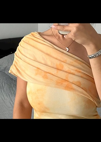 Abiye Drapeli Uzun Bej Tie-Dye Kadın Elbise
