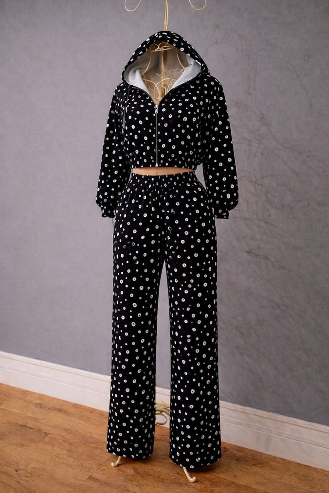 Kadife Puantiyeli Siyah Kadın Eşofman Takımı - Görsel 2