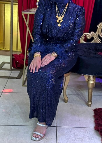 Parlak Mavi Uzun Kollu Abiye Elbise