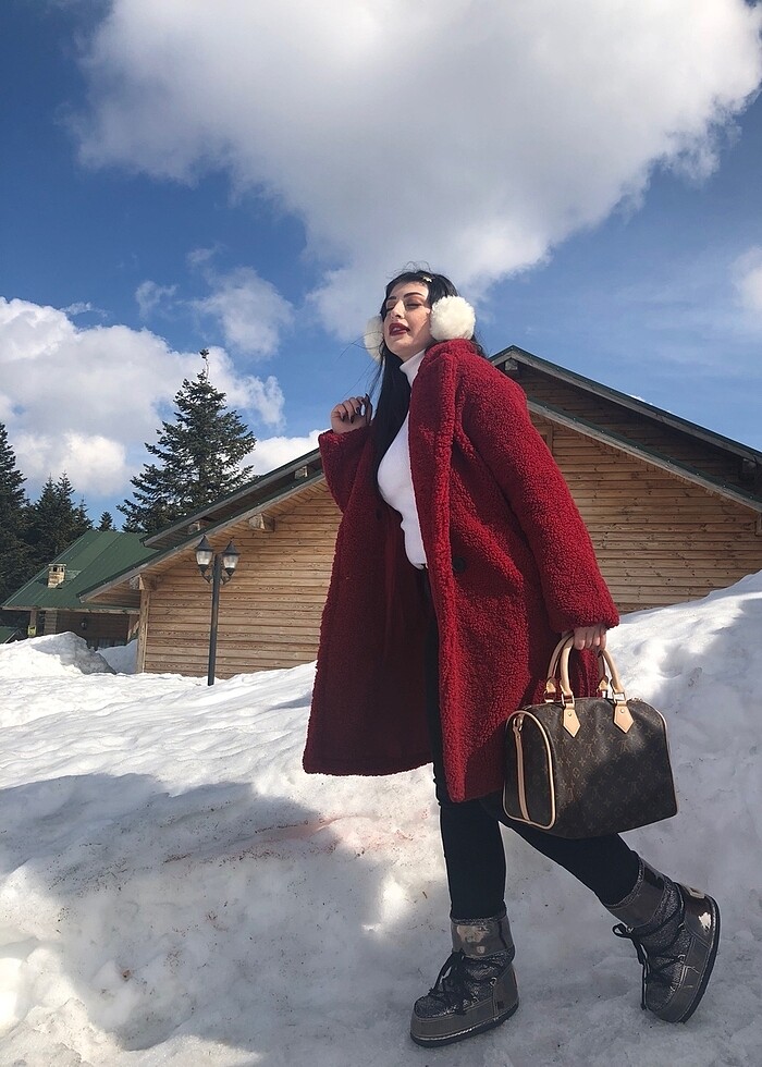 Bershka bordo uzun teddy kürk - Görsel 5