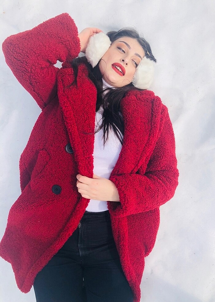 Bershka bordo uzun teddy kürk - Görsel 4