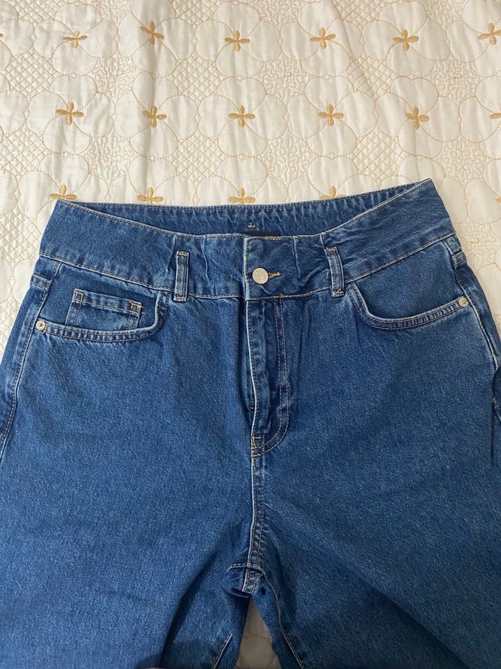 Büyük Beden Uzun Boy Düğmeli Mavi Kadın Denim Pantolon - Görsel 2