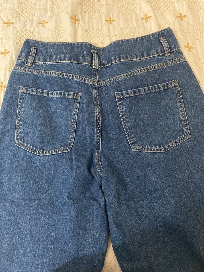 Büyük Beden Uzun Boy Düğmeli Mavi Kadın Denim Pantolon - Görsel 3