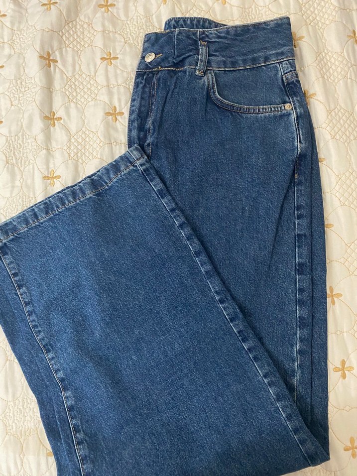 Büyük Beden Uzun Boy Düğmeli Mavi Kadın Denim Pantolon - Görsel 4