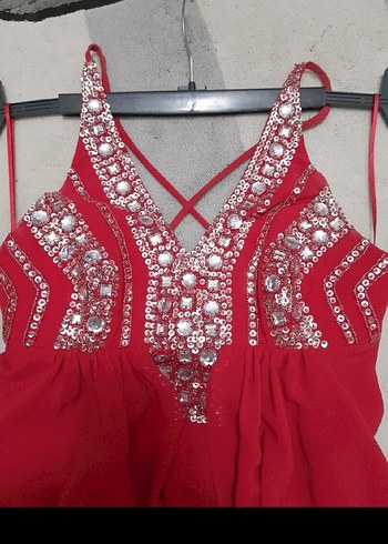 Kırmızı İşlemeli Uzun Abiye Elbise - Görsel 5