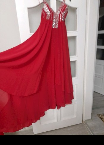 Kırmızı İşlemeli Uzun Abiye Elbise - Görsel 3