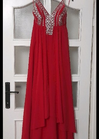 Kırmızı İşlemeli Uzun Abiye Elbise - Görsel 8