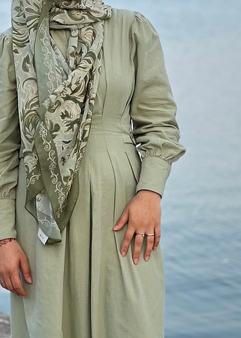 Nakışlı Bohem Haki Uzun Keten Elbise - Görsel 2