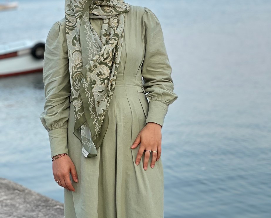 Nakışlı Bohem Haki Uzun Keten Elbise - Görsel 2