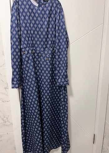 Uzun Kollu Düğmeli Lacivert Bohem Elbise - Görsel 4