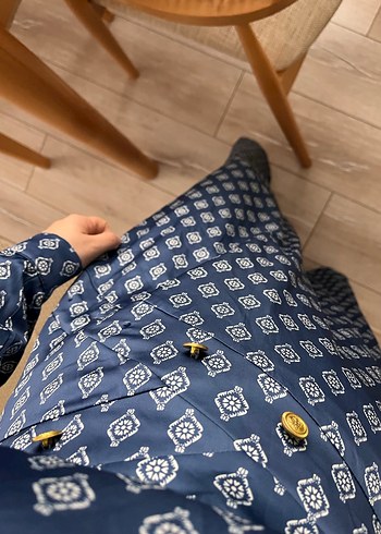 Uzun Kollu Düğmeli Lacivert Bohem Elbise - Görsel 3