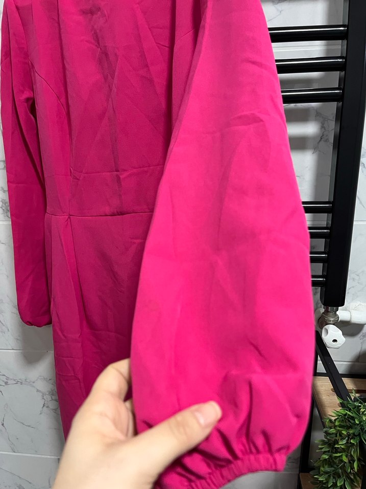 Pembe Uzun Kollu Drapeli Kadın Elbise - Görsel 3