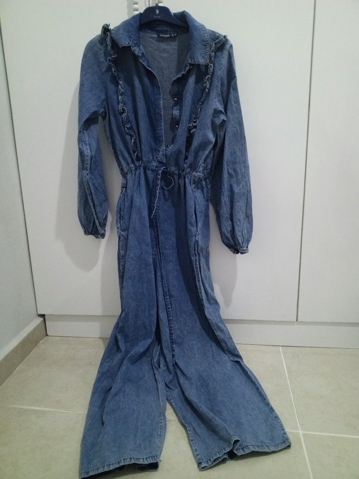 Düğmeli Uzun Kesim Kadın Denim tulum - Görsel 2