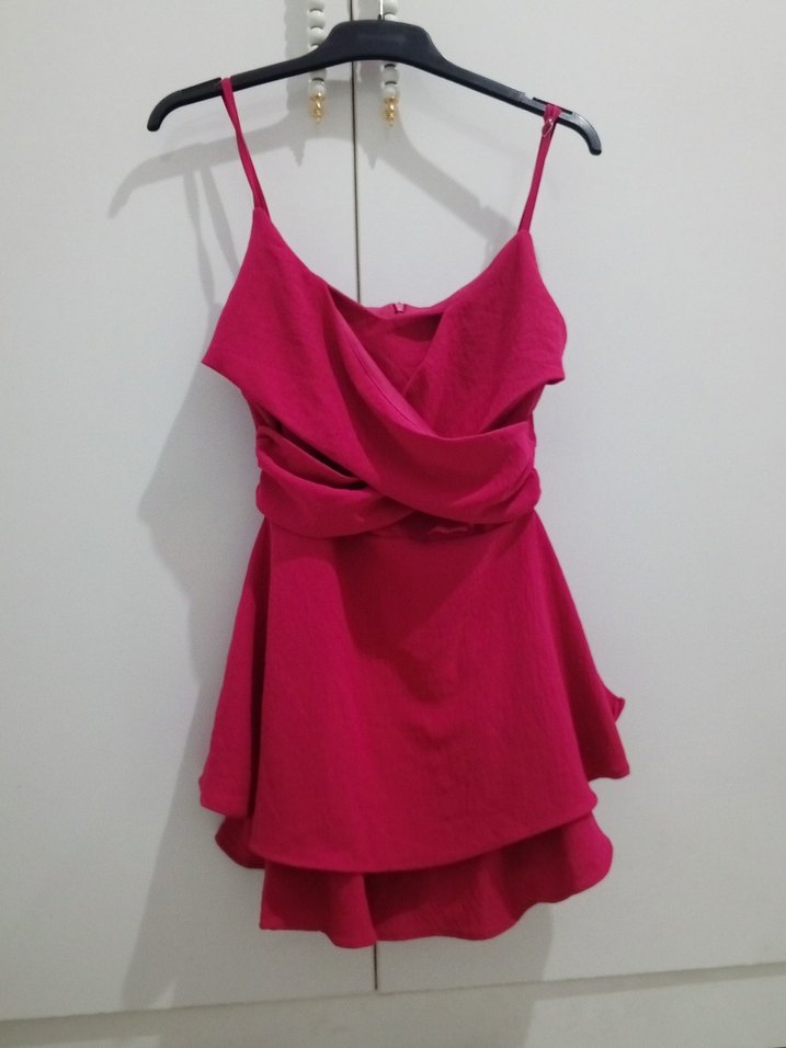 fuşya Drapeli Mini Askılı Elbise - Görsel 4