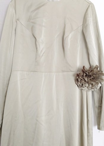 Bej Uzun Kollu Drapeli Kadın Abiye Elbise şal dahil - Görsel 2