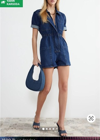 Kemerli Kısa Kollu Lacivert Denim Tulum - Görsel 2