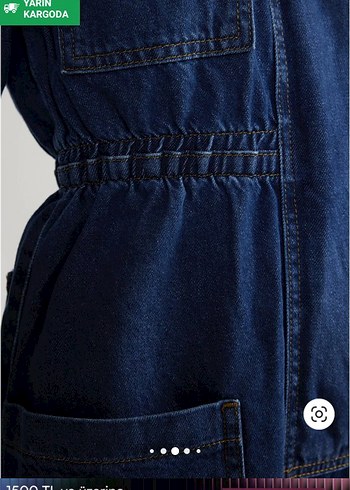 Kemerli Kısa Kollu Lacivert Denim Tulum - Görsel 5