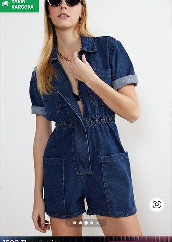 Kemerli Kısa Kollu Lacivert Denim Tulum - Görsel 3