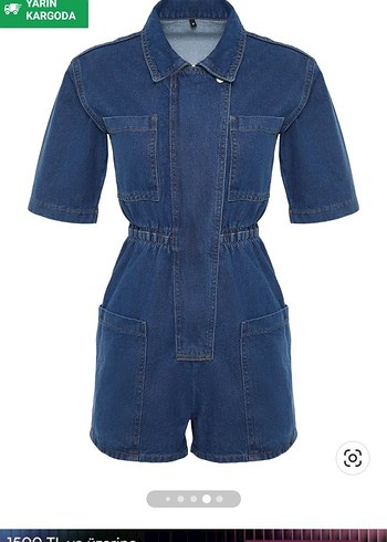 Kemerli Kısa Kollu Lacivert Denim Tulum - Görsel 7