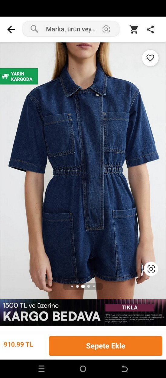 Kemerli Kısa Kollu Lacivert Denim Tulum - Görsel 4