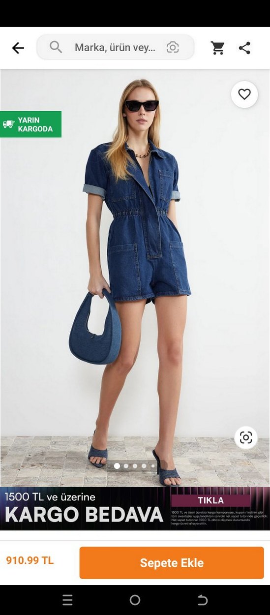 Kemerli Kısa Kollu Lacivert Denim Tulum - Görsel 2