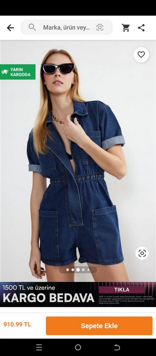 Kemerli Kısa Kollu Lacivert Denim Tulum - Görsel 3