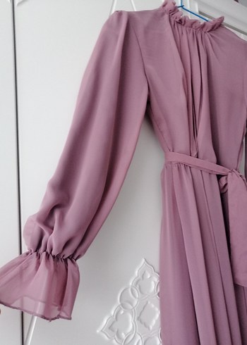 Pudra Renkli Uzun Kollu Pilili Kadın Elbise - Görsel 2