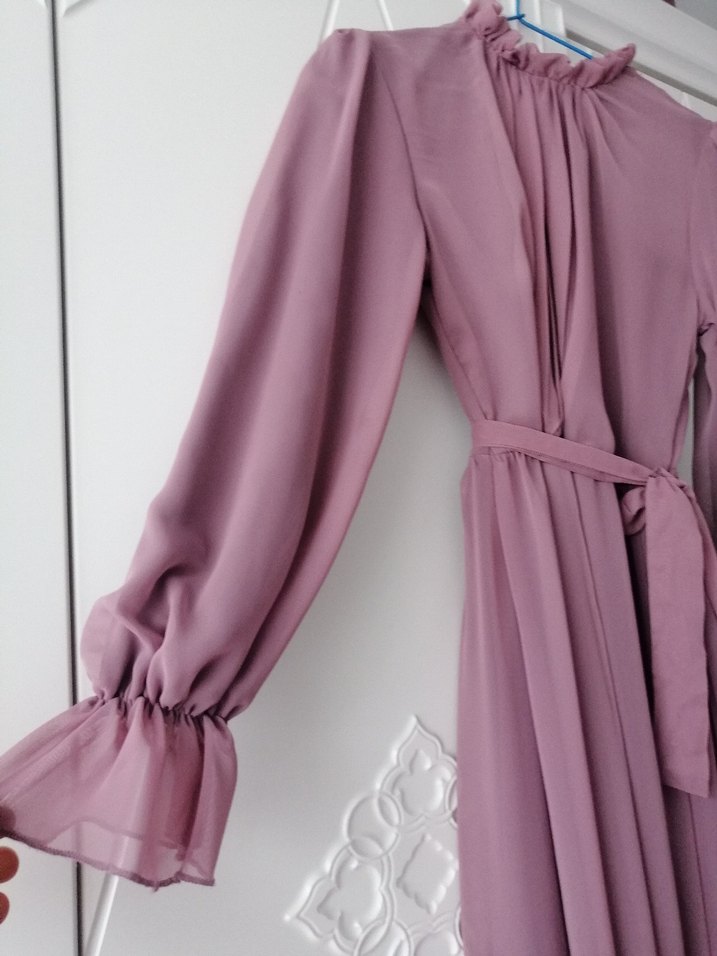 Pudra Renkli Uzun Kollu Pilili Kadın Elbise - Görsel 2