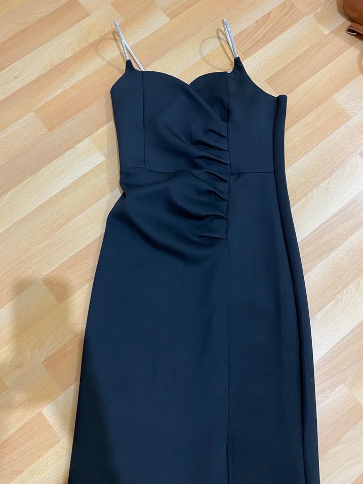 Siyah Straplez Uzun Drapeli Gotik Elbise - Görsel 5