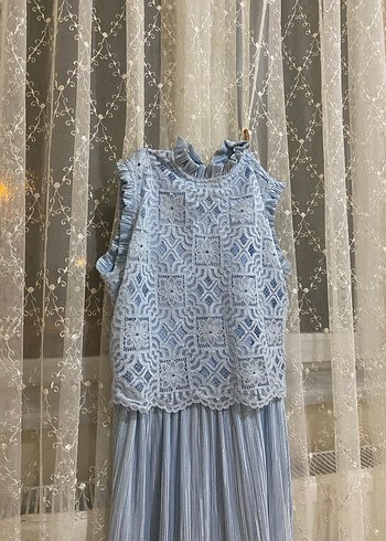 Mavi Nakışlı Bohem Uzun Abiye Elbise - Görsel 3