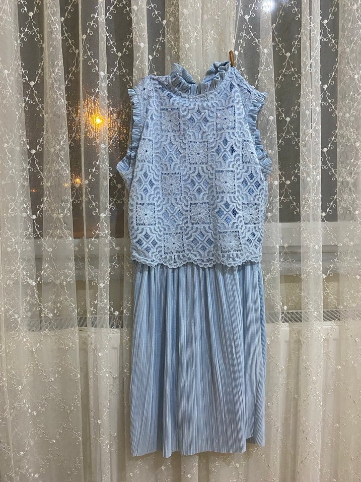 Mavi Nakışlı Bohem Uzun Abiye Elbise - Görsel 4