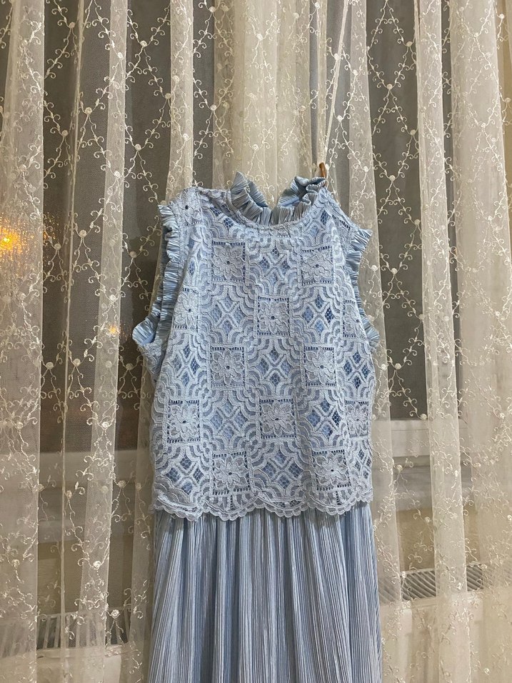 Mavi Nakışlı Bohem Uzun Abiye Elbise - Görsel 3