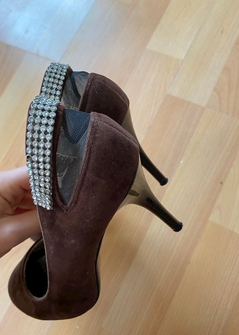 Kahverengi Süet Stiletto Yılan Desenli - Görsel 5