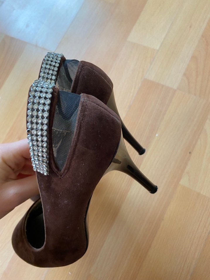 Kahverengi Süet Stiletto Yılan Desenli - Görsel 5