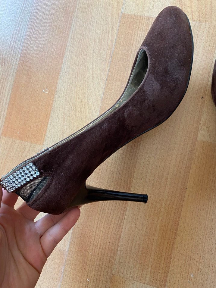 Kahverengi Süet Stiletto Yılan Desenli - Görsel 4