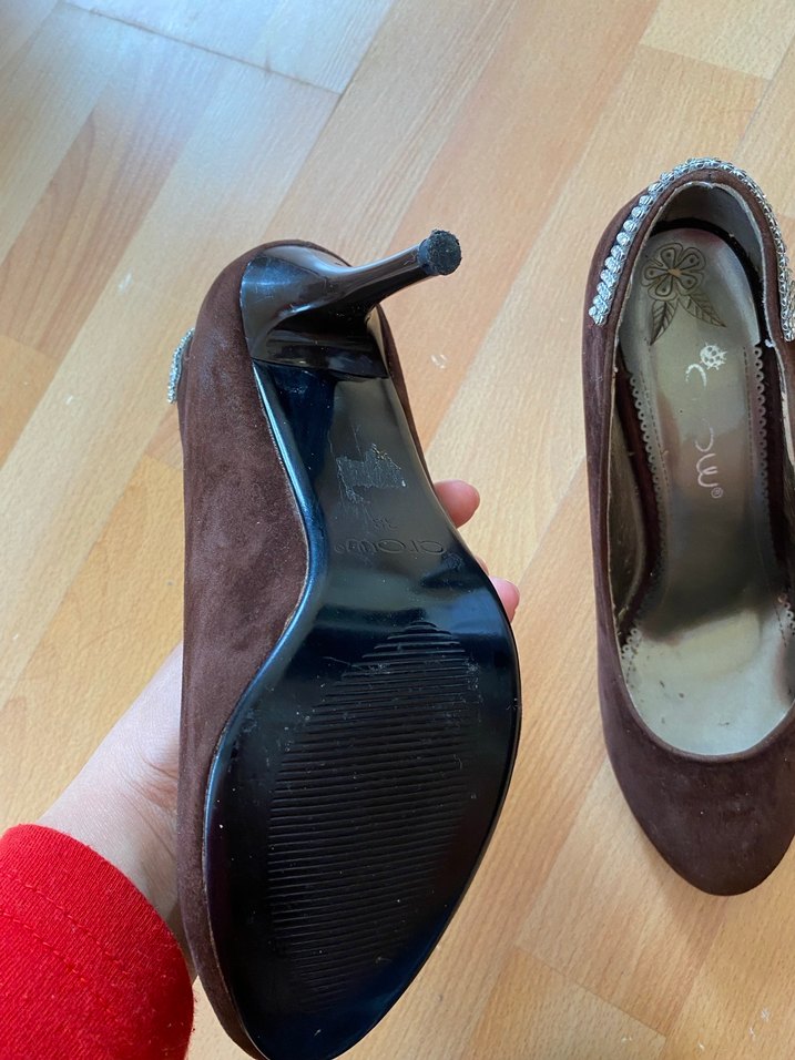 Kahverengi Süet Stiletto Yılan Desenli - Görsel 2