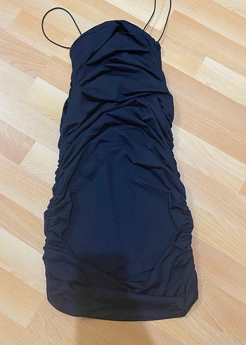 İnce Askılı Drapeli Lacivert Midi Elbise - Görsel 4