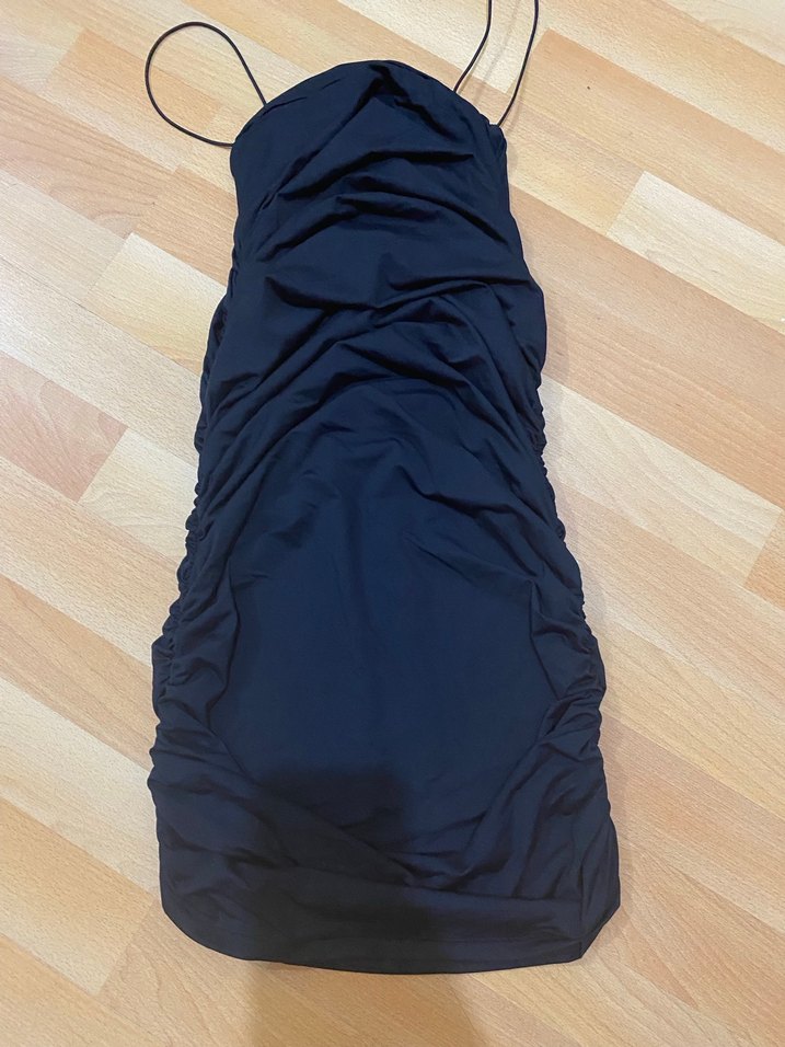 İnce Askılı Drapeli Lacivert Midi Elbise - Görsel 4