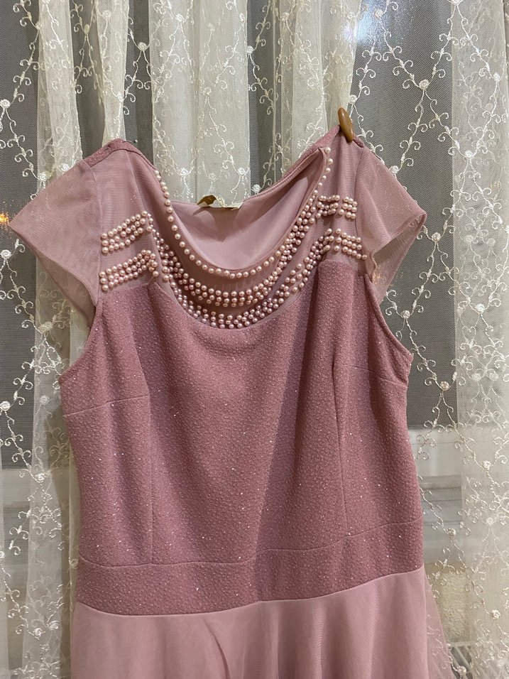 Pudra Pembe Drapeli Uzun Abiye Elbise - Görsel 4