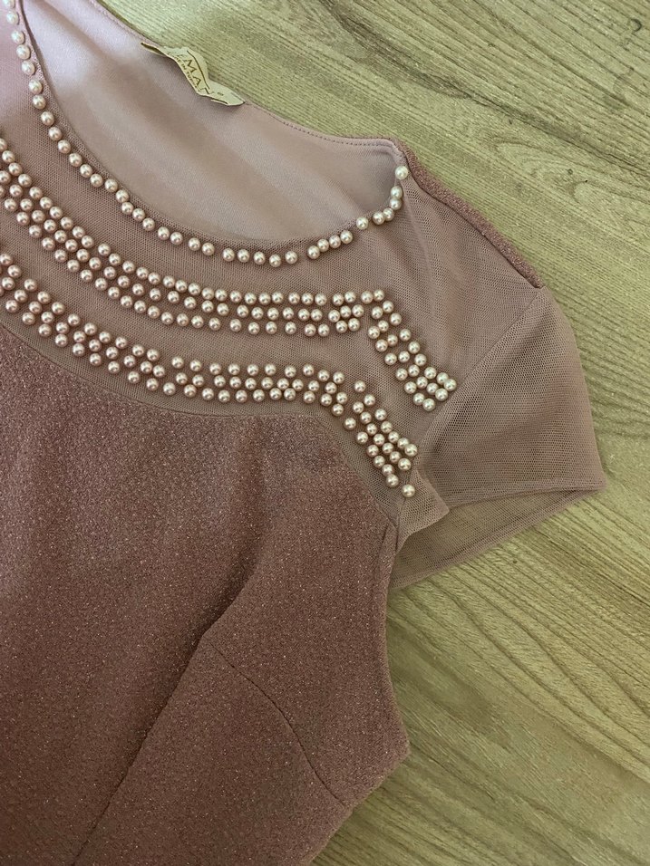 Pudra Pembe Drapeli Uzun Abiye Elbise - Görsel 3