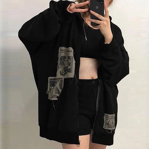 Siyah Old Punk Unisex Kapüşonlu Ceket