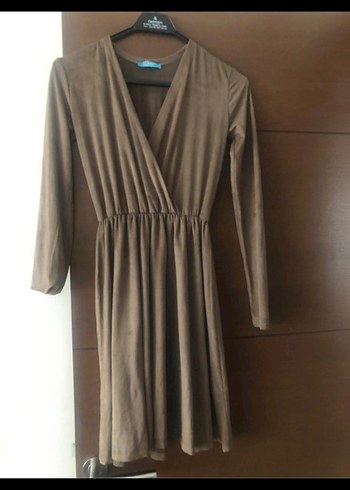 V Yaka Süet Bej Midi Kadın Elbise - Görsel 2