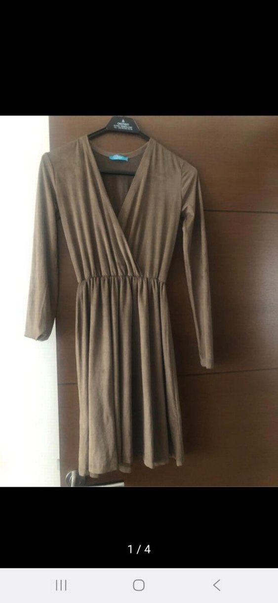 V Yaka Süet Bej Midi Kadın Elbise - Görsel 2