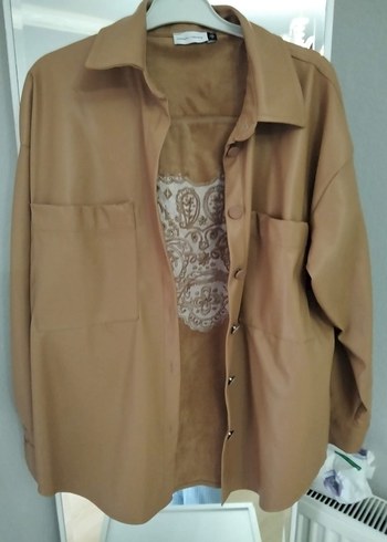 Bej Deri Düğmeli Uzun Kollu Kadın Ceket - Görsel 2