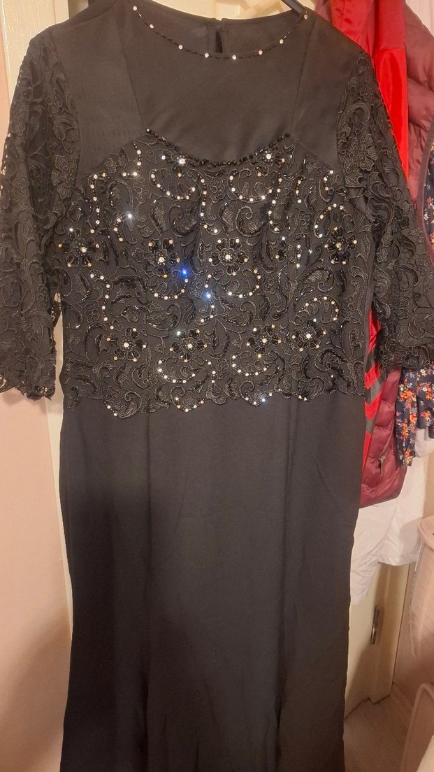 Siyah Uzun Kabiye ollu  Payetli Gotik Elbise - Görsel 4