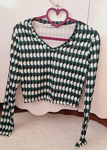 V Yaka Uzun Kollu Yeşil Baskılı Bluz - Görsel 3